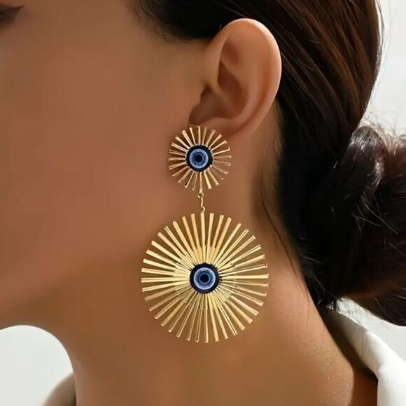 Dazzling Devil Eye Dangle Earrings Stainless Steel Gold Tone - Picture 1 of 12